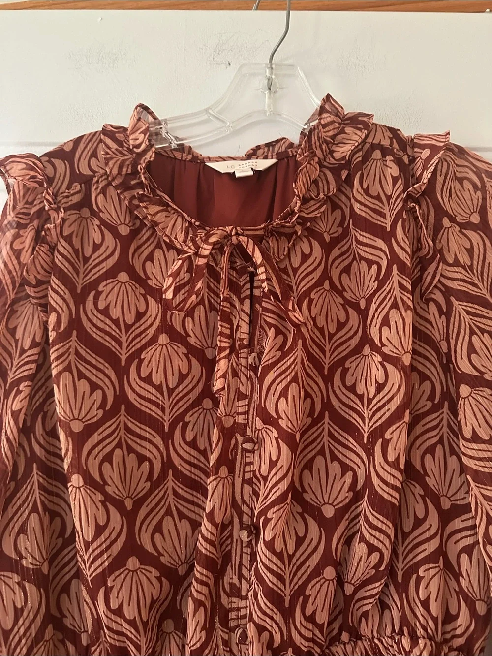 Boho Floral Print Ruffle‎ Tier Skirt Sheer Long Sleeve Dress. Size large.